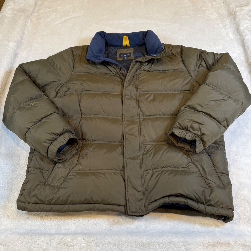 Lands End Mens XL Olive Green Down Puffer Jacket Quilted Full Zip Hooded‎ Coat
